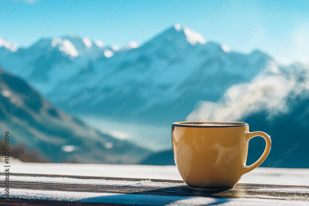 Enjoying a warm cup of coffee while overlooking snowy mountain peaks at sunrise in a cozy alpine setting Enjoying a warm cup of coffee while overlooking snowy mountain peaks at sunrise in a cozy alpine setting
