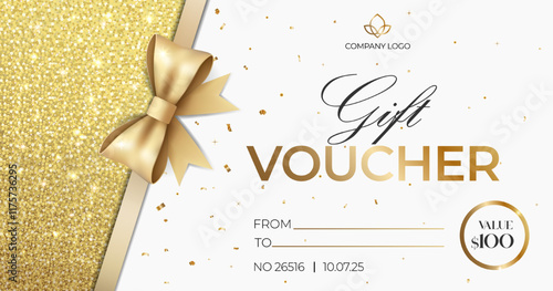 Luxury gift voucher. Elegant gift voucher with golden bow. Template for gift card, coupon. Promo or flyer offer