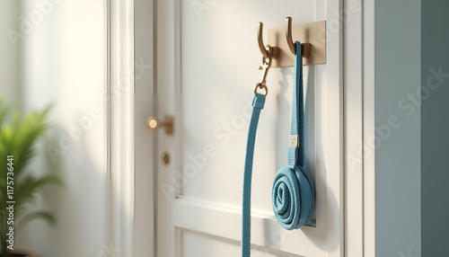 Clean dog leash hanging on a hook by the door in a photorealistic, minimalist setting