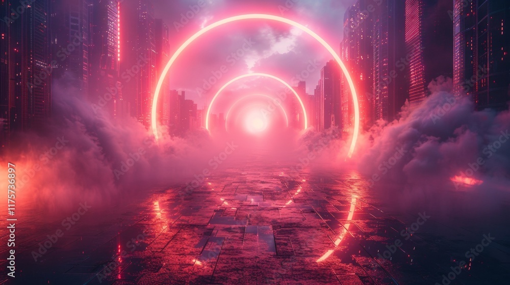 Futuristic cyberpunk landscape with neon glowing arches and holographic cityscape Futuristic cyberpunk landscape with neon glowing arches and holographic cityscape