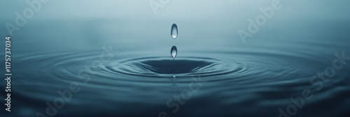 Single drop of pure water falling into a calm pool, creating ripples and a small splash, with another drop suspended in mid air, highlighting water's delicate motion