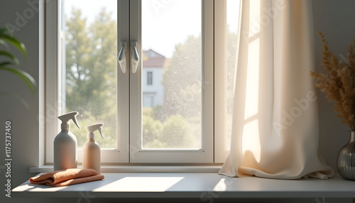 House cleaning routine with spray bottles and soft towels on bright window sill
