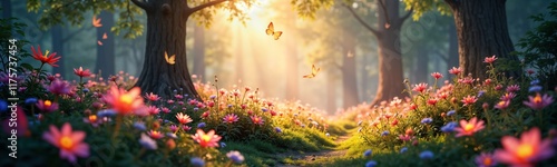 Enchanted forest path bathed in sunlight. Colorful flowers glow in mist. Butterflies flutter in air. Rich vegetation, trees create mystical atmosphere. Ideal for fantasy wallpaper prints. Wonderland