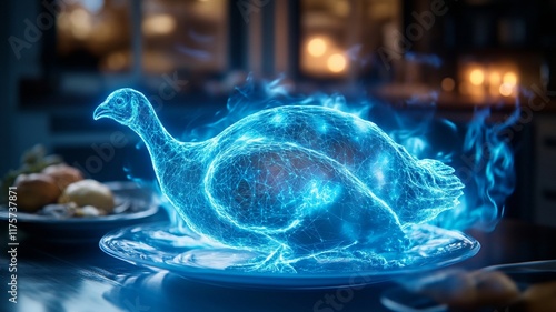 A glowing turkey hologram on plate, surrounded by festive decor photo