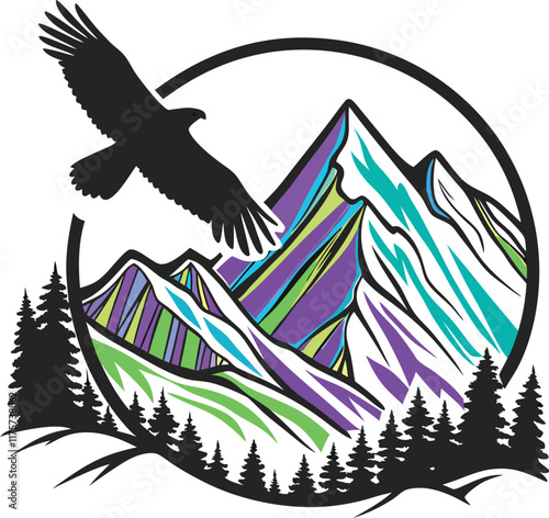 Soaring Eagle Above Majestic Mountains: A powerful, stylized illustration of an eagle in flight over a vibrant mountain range