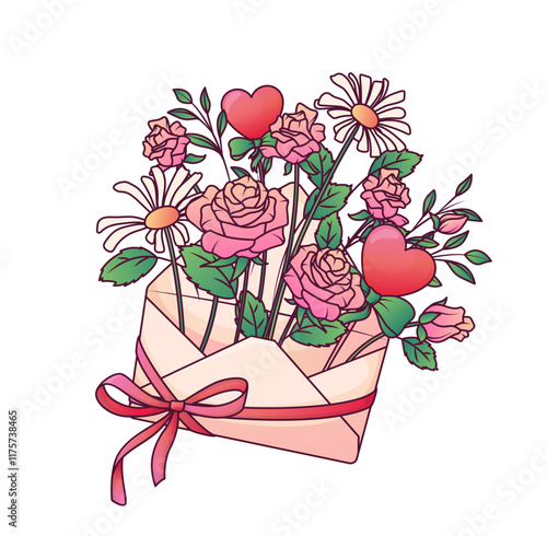 Vector illustration of envelope with rose flowers and leaves. Perfect for flower shop decoration, cards, invitations, banners. For Valentine's Day, Mother's day. Spring