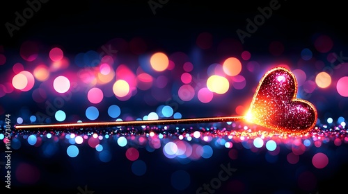 Sparkling Heart on a Magic Wand: A dazzling, glittering heart rests on a golden wand against a backdrop of shimmering bokeh lights. The image is infused with romance, magic, and the promise of love. photo