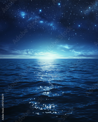 Celestial Sea: A mesmerizing night sky awash with stars and a luminous moon casts its ethereal glow on the tranquil ocean. The scene evokes a sense of peace, serenity.