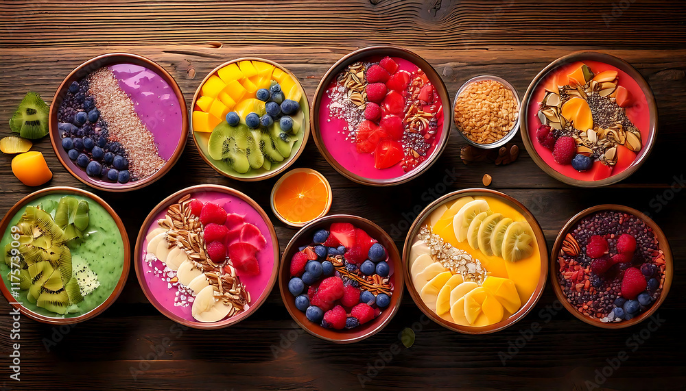 Fototapeta premium Vibrant smoothie bowls arranged on rustic wood. Perfect for healthy eating, breakfast, or wellness content. High-quality image showcasing diverse fruits toppings. Ideal for blogs, magazines, or