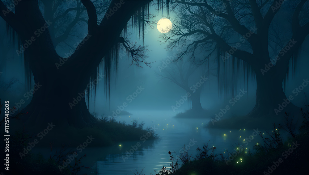 Fototapeta premium Enigmatic Swamp Under a Moonlit Veil