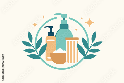 This visual showcases an abstract skincare routine featuring essential products and decorative foliage, Abstract representation of a skincare routine, minimalist simple modern vector logo design