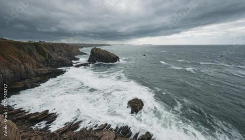 Dramatic Coastal Cliffs and Ocean Waves under a Stormy Sky