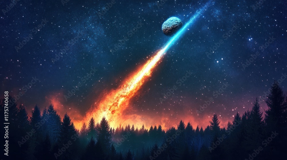 Fiery meteor streaking across night sky over forest. Fiery meteor streaking across night sky over forest.