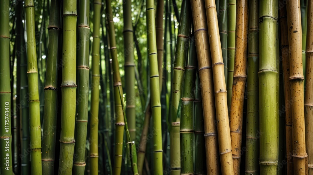 Lush green and brown bamboo stalks densely packed together. Lush green and brown bamboo stalks densely packed together.