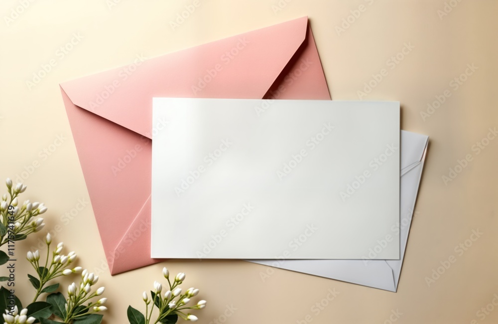 Blank invitation card mockup with craft envelope, copy space. Stylish design. Flat lay. White paper card. Pink envelope. Natural floral decor. Top view. Perfect for wedding invitations special Blank invitation card mockup with craft envelope, copy space. Stylish design. Flat lay. White paper card. Pink envelope. Natural floral decor. Top view. Perfect for wedding invitations special