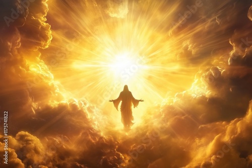 Silhouette of a Jesus Christ walking towards a radiant light amidst dramatic clouds