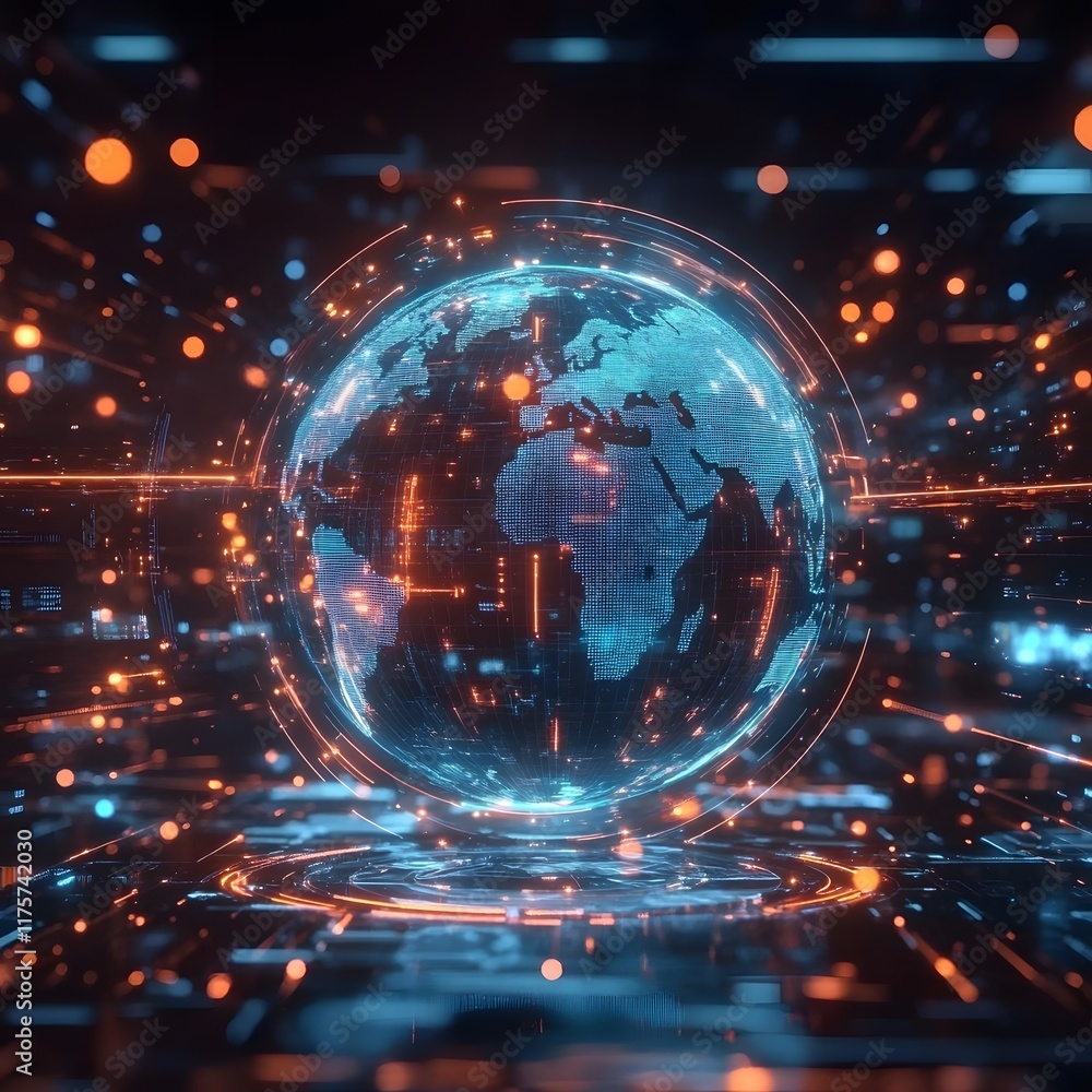 Fototapeta premium Futuristic Holographic Globe with Glowing Data Streams Visualizing Digital Transformation