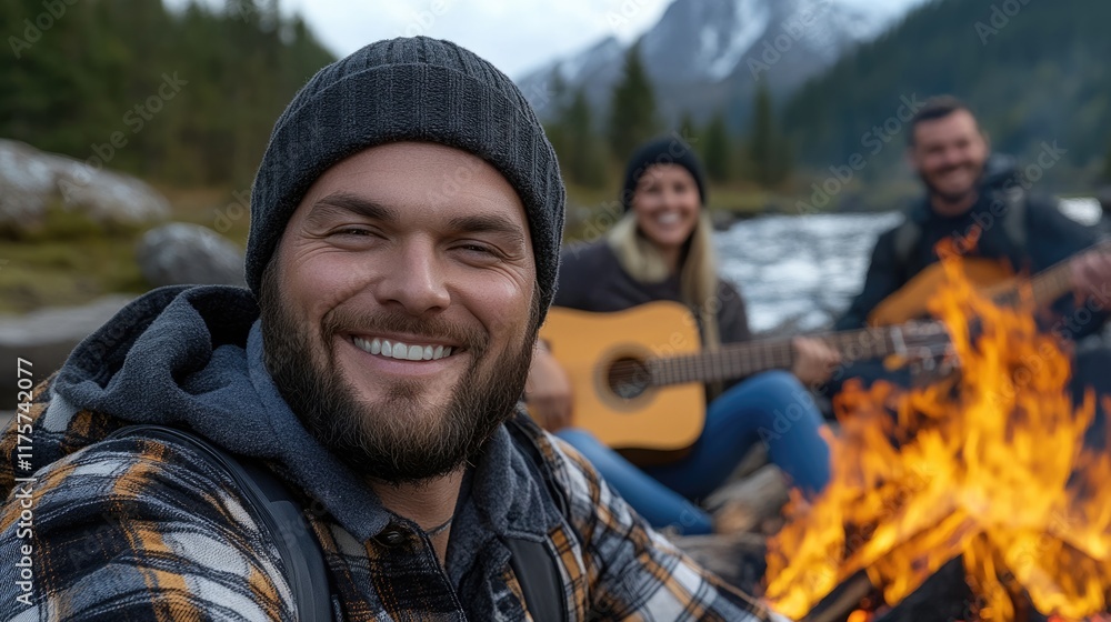 A group of friends relaxes around a campfire near a river. The setting features mountains in the background, creating a serene atmosphere as they enjoy music and camaraderie A group of friends relaxes around a campfire near a river. The setting features mountains in the background, creating a serene atmosphere as they enjoy music and camaraderie