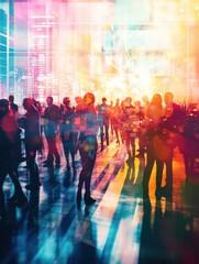 Business people networking and socializing at a corporate event, with a motion blur effect conveying a sense of energy and activity