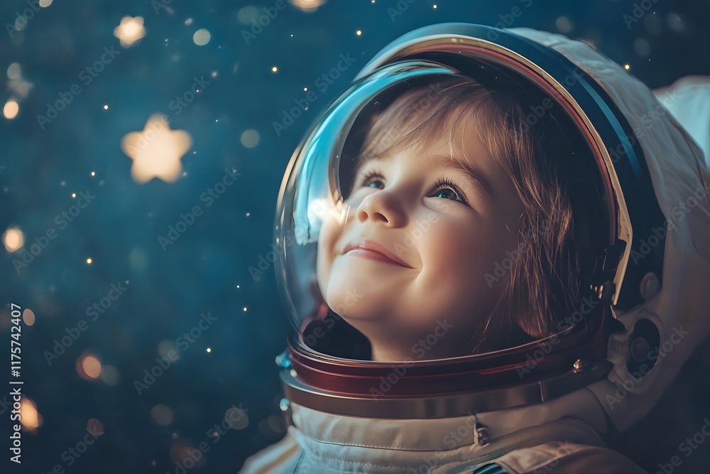 Smiling Child in Astronaut Helmet Gazing at Starry Sky Cosmos Reflected in Helmet Glass Smiling Child in Astronaut Helmet Gazing at Starry Sky Cosmos Reflected in Helmet Glass