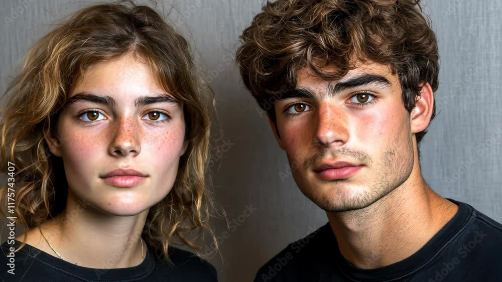 Young adults pose for a close-up portrait showcasing natural beauty and expressive features in a neutral setting Young adults pose for a close-up portrait showcasing natural beauty and expressive features in a neutral setting