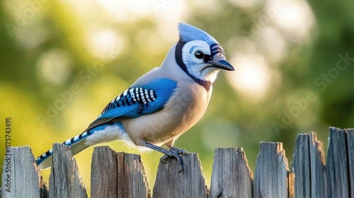 vibrant image of blue jay perched on wooden fence with soft morning light enhancing its bright plumage photo