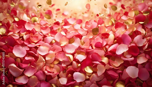 A romantic background featuring a cascade of rose petals, designed in soft pinks, reds, and white tones