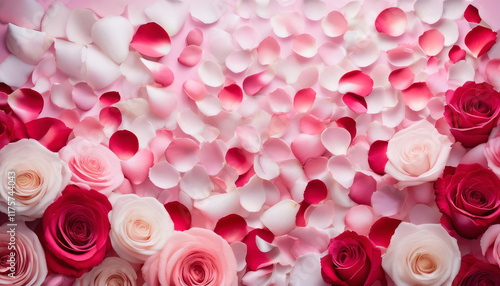 A romantic background featuring a cascade of rose petals, designed in soft pinks, reds, and white tones