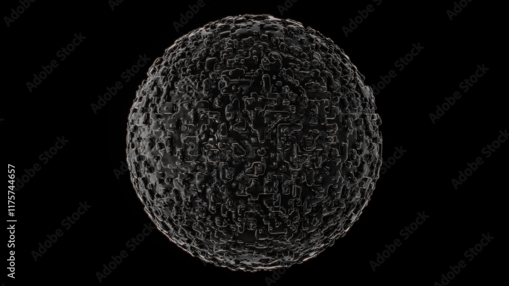Mysterious black spherical object with complex surface patterns creating intricate topological landscape. Premium 3D visualization showing complete orbital structure with sophisticated cellular Mysterious black spherical object with complex surface patterns creating intricate topological landscape. Premium 3D visualization showing complete orbital structure with sophisticated cellular