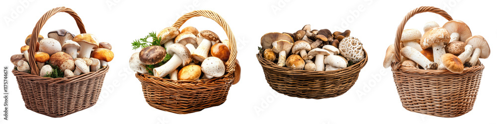 Mushroom medley basket isolated on transparent background, Set of Mushroom medley basket isolated on transparent background, Set of