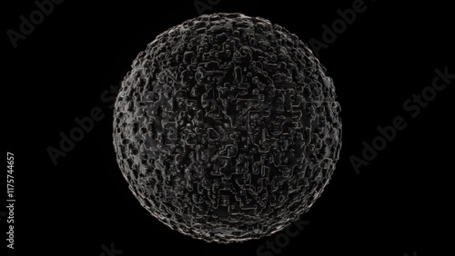 Mysterious black spherical object with complex surface patterns creating intricate topological landscape. Premium 3D visualization showing complete orbital structure with sophisticated cellular photo