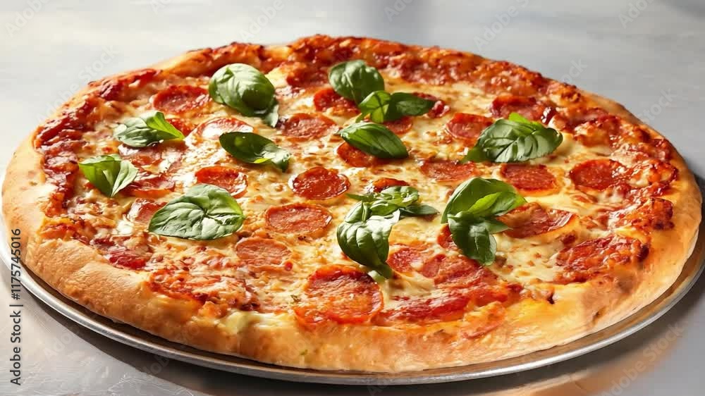 A closeup look at mouthwatering pepperoni pizza topped with fresh basil, showcasing its golden crust and melted cheese A closeup look at mouthwatering pepperoni pizza topped with fresh basil, showcasing its golden crust and melted cheese