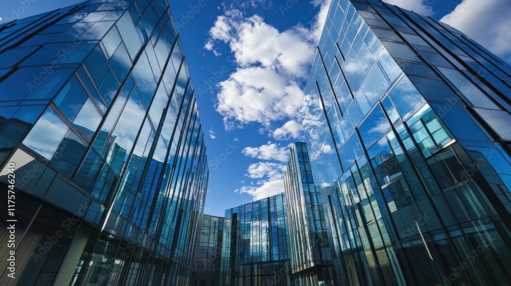 Fototapeta premium Low-angle view of modern glass skyscrapers against a bright blue sky with fluffy clouds.