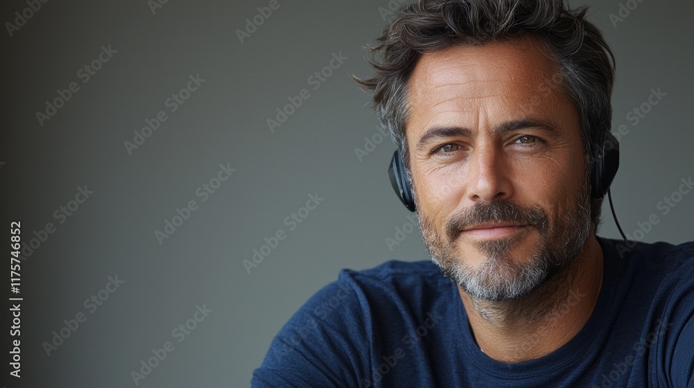 Portrait of a Man with Headphones, Calm and Serene Expression Portrait of a Man with Headphones, Calm and Serene Expression