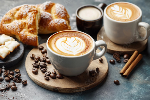 Enjoying warm croissants and coffee next to twinkling lights in a cozy setting during a serene morning