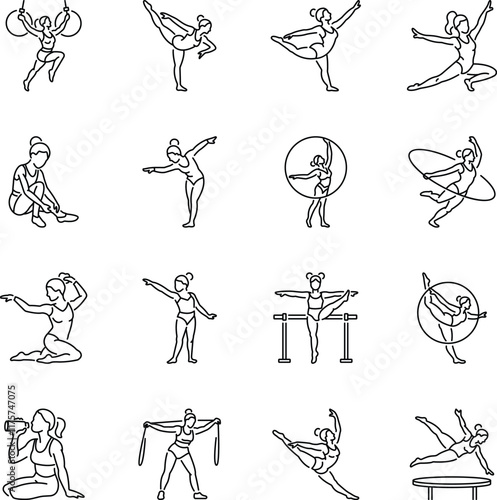 Set of Linear Style Women Acrobatics Icons 
