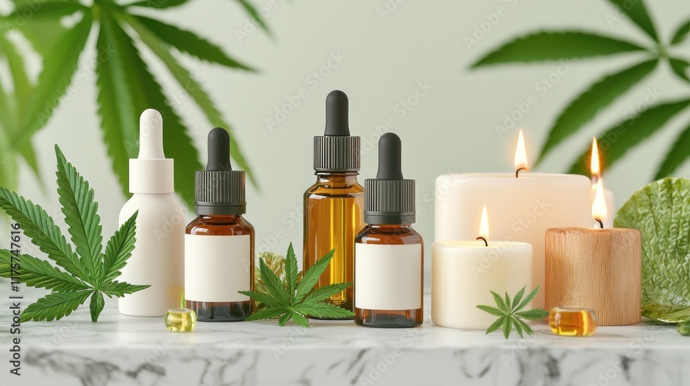 Assortment of herbal oils and candles with cannabis leaves. Assortment of herbal oils and candles with cannabis leaves.