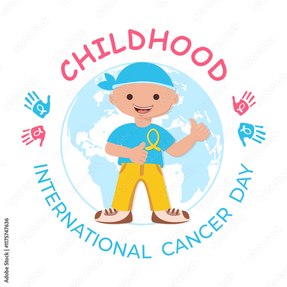 International childhood cancer day banner, card with cute and happy boy wearing yellow cancer ribbon. Awareness, solidarity, support concept. Social media post, background, template. Vector. International childhood cancer day banner, card with cute and happy boy wearing yellow cancer ribbon. Awareness, solidarity, support concept. Social media post, background, template. Vector.