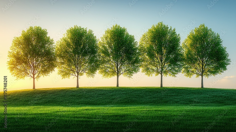 Fototapeta premium Five Trees on a Hill at Sunrise