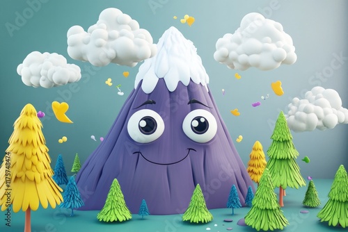 whimsical 3d cartoon scene of mountain with eyes and smiling face surrounded by animated clouds and trees