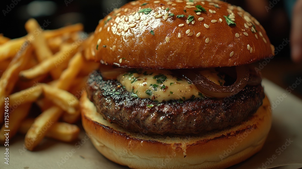 A delicious burger with sesame seed bun and fries, ready to enjoy. A delicious burger with sesame seed bun and fries, ready to enjoy.