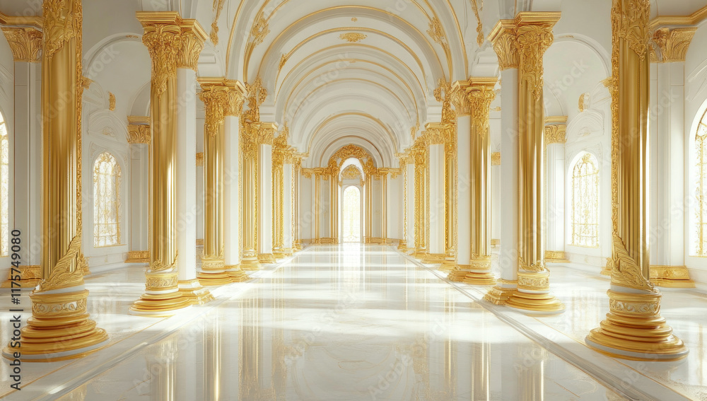 Fototapeta premium Grand opulent hall with gold columns, marble floor, and arched ceilings.