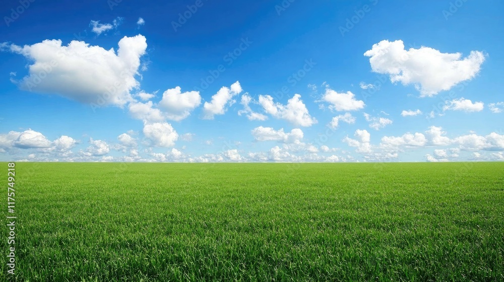 Obraz premium wide-open field under bright blue sky with fluffy white clouds offering generous copy space