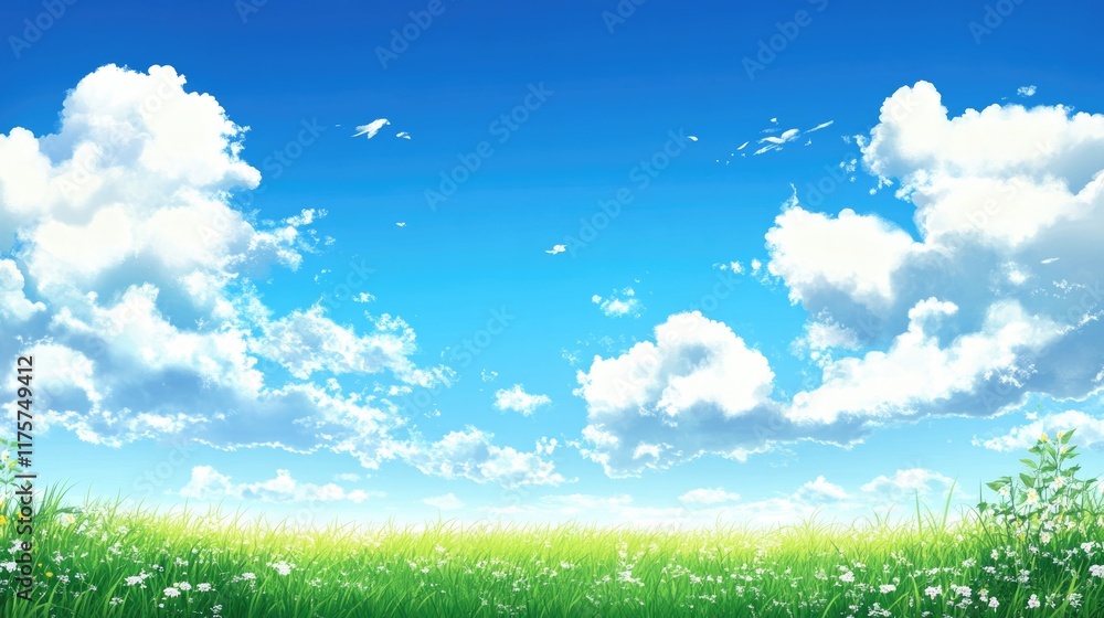 wide-open field under bright blue sky with fluffy white clouds offering generous copy space wide-open field under bright blue sky with fluffy white clouds offering generous copy space