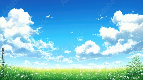 wide-open field under bright blue sky with fluffy white clouds offering generous copy space