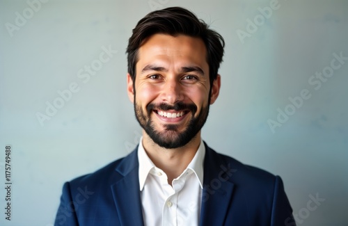 Man wearing suit, shirt. Business pro smiling. Friendly, confident expression. Formal portrait. Upper body shot. Suitable for ID photos employee cards. Modern, elegant style. Pro, reliable image.