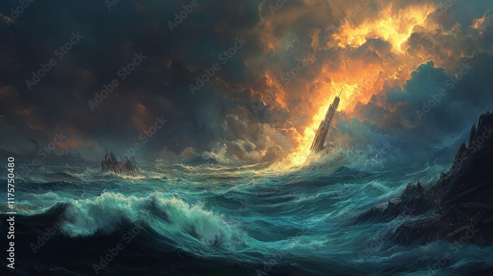 Naklejka premium The sea was rough with large waves of water turning into foam, dark clouds swirling above accompanied by a storm background wallpaper AI generated image