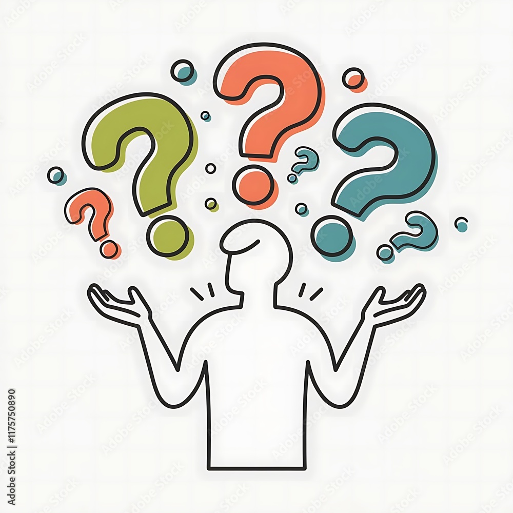 Vector Illustration of Minimalist Human Figure in Shrugging Pose with Colorful Question Marks and Playful Dots Vector Illustration of Minimalist Human Figure in Shrugging Pose with Colorful Question Marks and Playful Dots