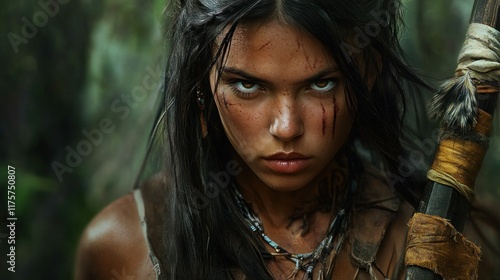 An Amazonian hunter carrying a spear and wearing leather clothing, blending into the jungle background wallpaper AI generated image