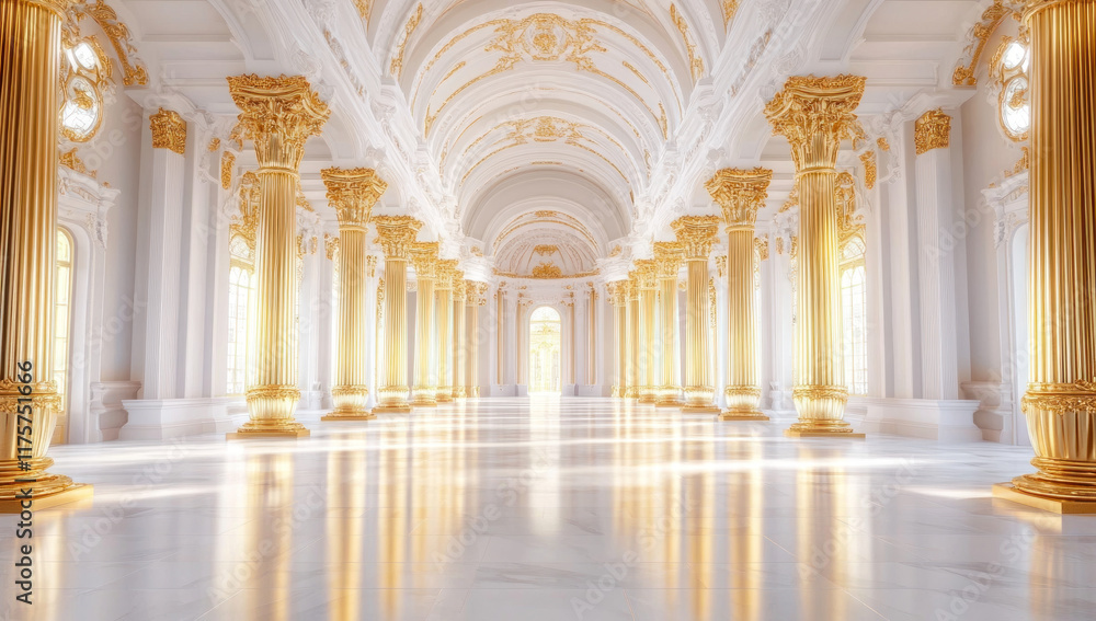 Fototapeta premium Grand palace hallway with gold columns and marble floor.